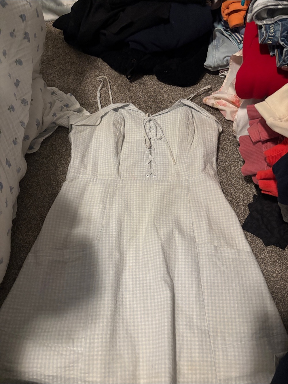 cupcakes & cashmere Light Blue Gingham Lace-Up Mini Dress